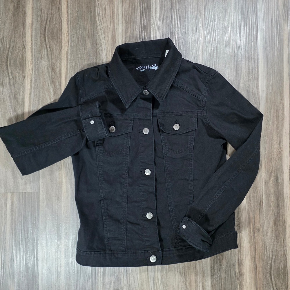 Riders‎ by Lee Indigo Womens Black Denim Trucker Jacket Button Front Stretch S